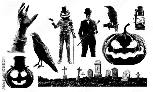 Collection of monochrome horror Halloween illustrations