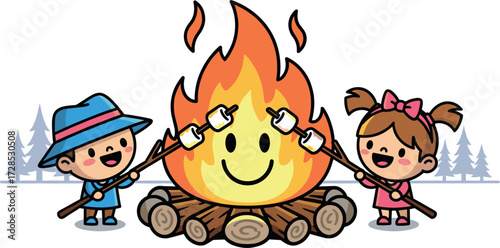 Cute cartoon children roasting marshmallows over a happy campfire illustration