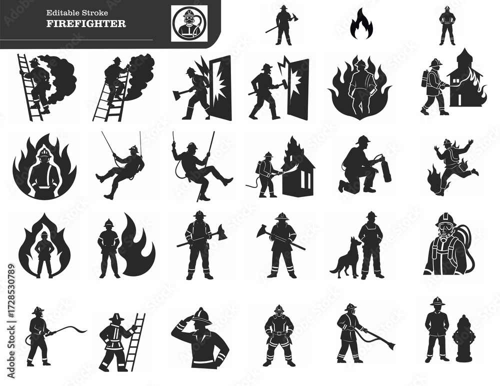 Fototapeta premium Fire service and firefighter line icon set. Fire extinguisher, siren, fire extinguishing, fire truck, fire escape and crane, hose, hydrant and more. Outline icon in linear style. Vector collection