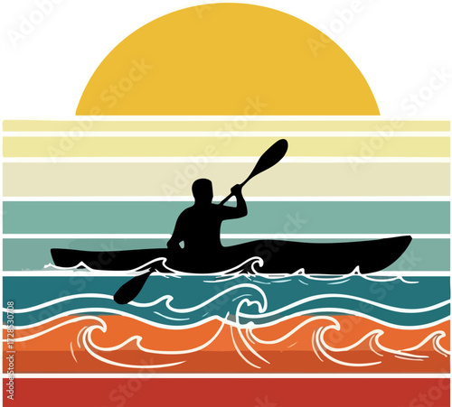 Silhouette of Kayaker Paddling on Water with Retro Sunset Background
