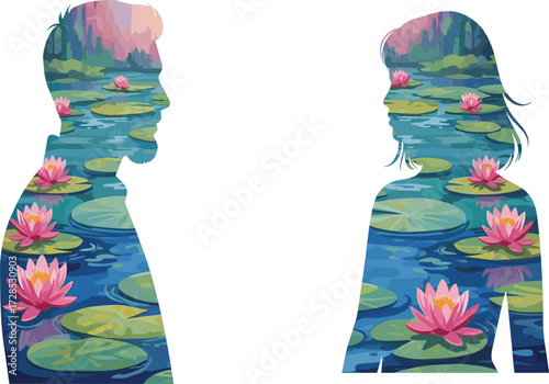 Romantic couple silhouette double exposure with lotus flowers, water lilies and pond reflection, nature inspired love relationship artistic illustration