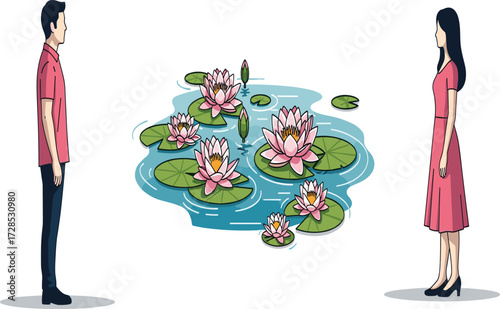 Romantic man and woman standing opposite with lotus flowers pond between them, love relationship concept illustration with nature and water