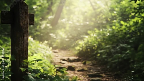 Tranquil forest path with a wooden cross, sunlight filtering through trees, inviting exploration