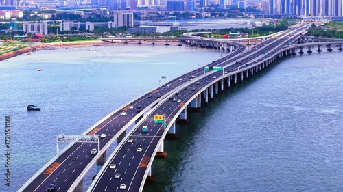 Aerial view of Jiaozhou Bay Bridge in Qingdao, China