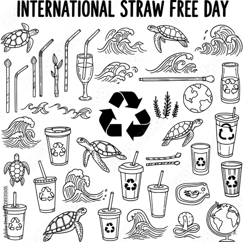 International Straw Free Day doodle set with ocean creatures, recycling symbols, waves, and eco-friendly straw alternatives