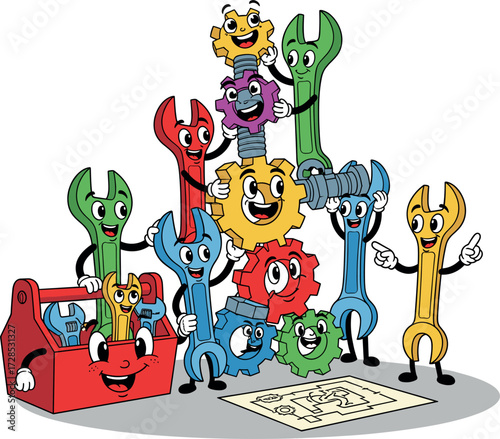 Cute cartoon construction tools and gears building a tower