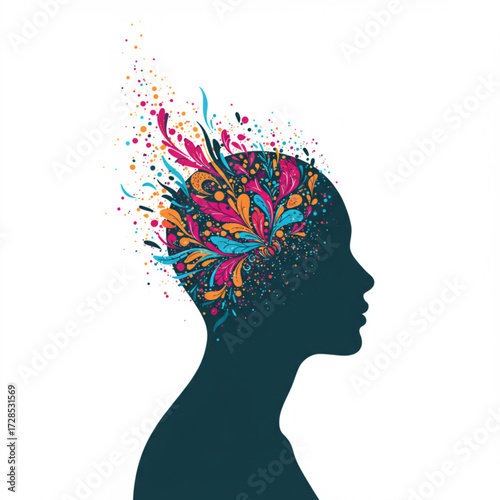 Creative Human Mind Silhouette with Colorful Abstract Imagination Splash Vector Illustration