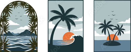 Stylized Tropical Beach Scenes with Palm Trees and Ocean Waves