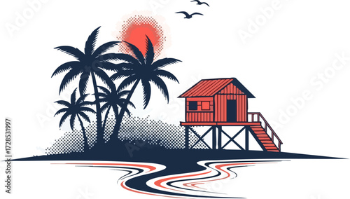 Stylized tropical island scene with dark palm tree silhouettes, a red stilt hut, and a halftone sun.