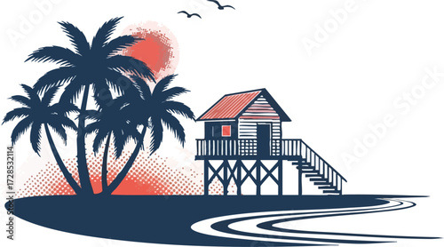 Stylized tropical beach scene with dark blue palm trees, red-roofed stilt house, and textured orange sun.