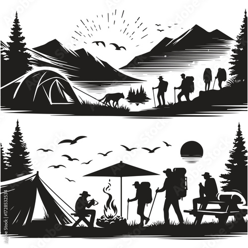 Silhouettes of travelers camping in tents, vector black on white
