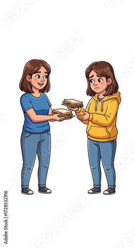 A Kind Girl Sharing a Sandwich with a Sad, Hungry Friend. Friendship, Sharing, Empathy and Generosity Concept.