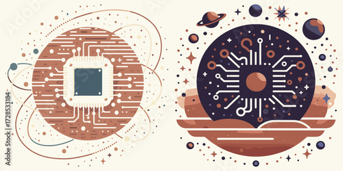 Conceptual illustration of a central processing unit powering a galaxy, blending intricate electronic pathways with cosmic elements, a vision of technological advancement