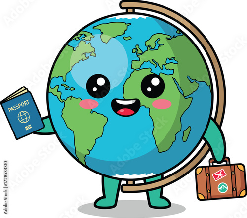 Cute cartoon earth character holding a passport and suitcase ready for travel