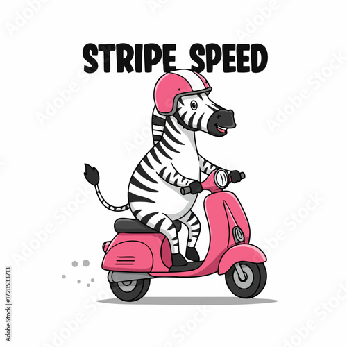 Cartoon Whimsical Zebra Riding Scooter Illustration Artwork on White Background