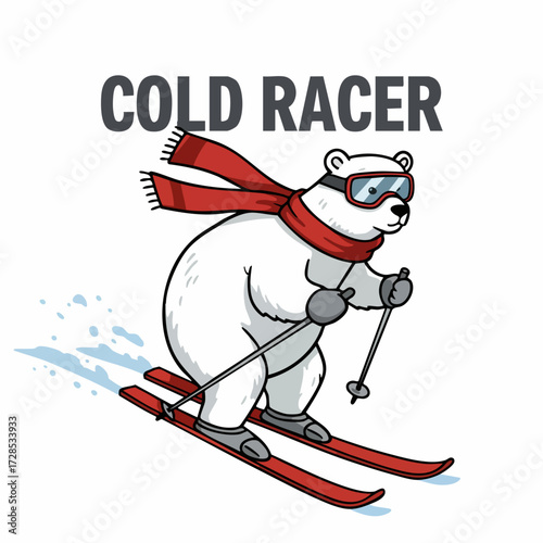 Cartoon Detailed Polar Bear Skiing Downhill Illustration on White Background