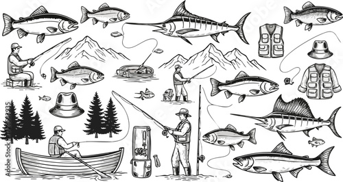 Vintage Fishing Elements Collection: Anglers, Fish, Gear, and Nature Illustrations