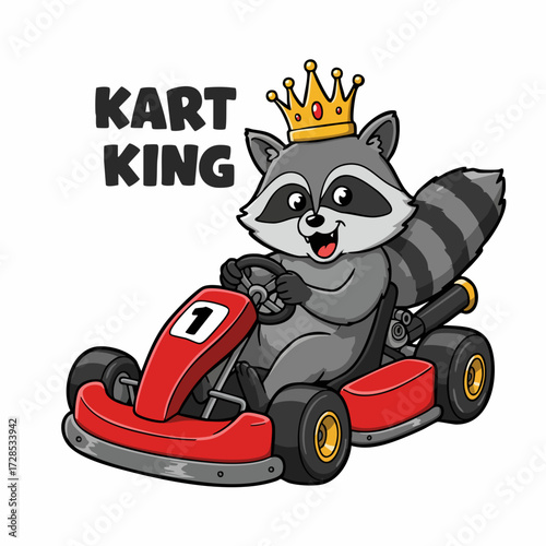 Cartoon Style Detailed Raccoon Driving Go Kart Wearing Crown Illustration