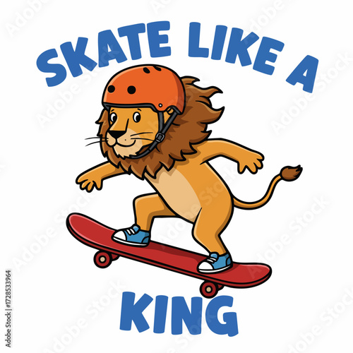 Cute Cartoon Lion Riding Skateboard Wearing Helmet Sport Activity Illustration