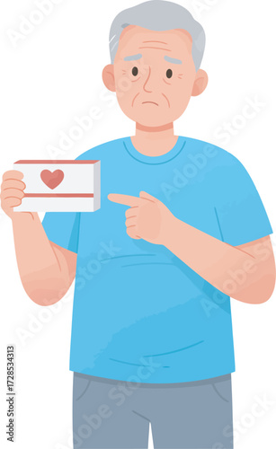 An elderly man with grey hair points to a box with a heart symbol, looking concerned.
