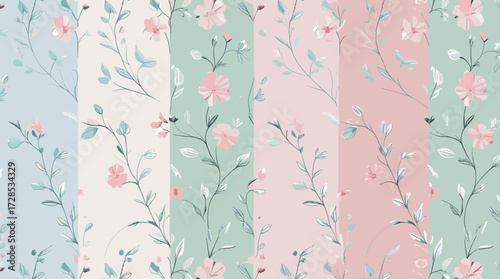 Patterned illustration of floral designs with pastel colors on a textured background