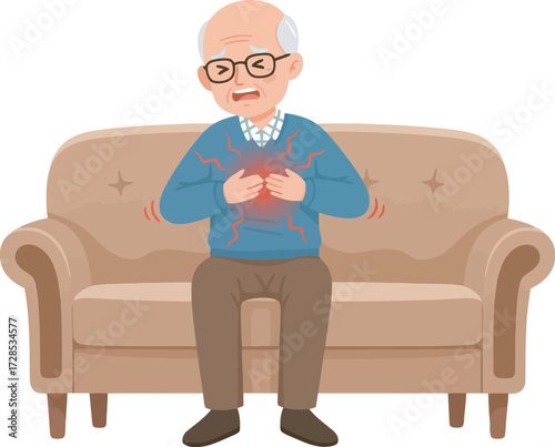 Elderly man on a couch experiencing chest pain, clutching his chest with a pained expression.