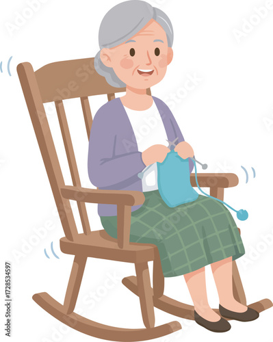 An elderly woman sits in a rocking chair, knitting with yarn and needles.