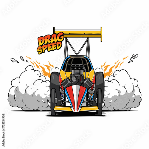 Cartoon Style Detailed Dragster Racing Illustration with Smoke and Speed Elements