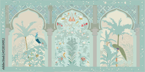 Elegant mughal architectural arches with peacocks and lush tropical foliage in muted pastel colors