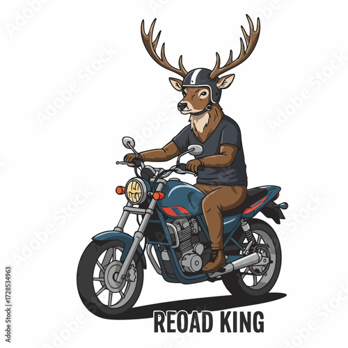 Cartoon Style Detailed Deer Riding Motorcycle Illustration Mascot Design