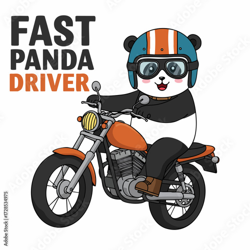 Cute Cartoon Panda Character Driving Motorcycle with Helmet Illustration Design