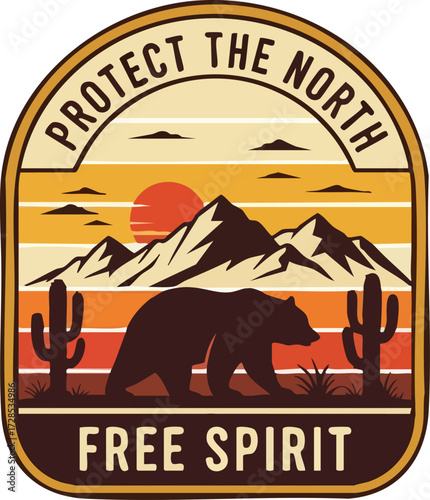 Vintage-style 'Protect the North' patch featuring a bear silhouette, mountains, and cacti against a striped sunset.
