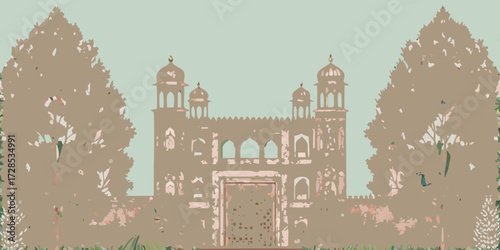 Serene mughal architecture with lush trees and a distant peacock in muted earthy tones