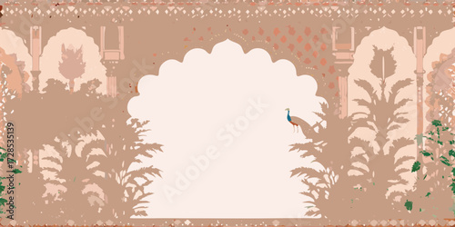Ornate indian archway with silhouette foliage and a peacock perched gracefully