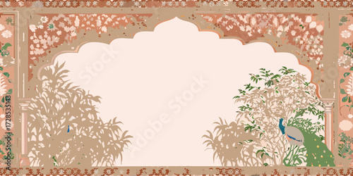 Ornate indian archway with lush foliage and a peacock displaying its tail feathers