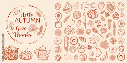 Hello autumn give thanks text in a circle surrounded by a collection of seasonal illustrations and food items