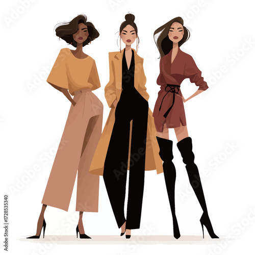 Three fashionable women stand confidently in chic outfits, displaying unique styles and confident poses. The vibrant colors and elegant designs highlight contemporary fashion.
