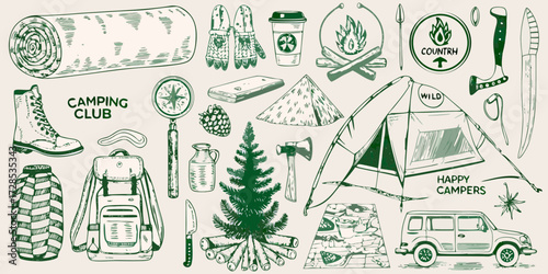 Vintage hand drawn camping club illustration with tent backpack car and outdoor gear