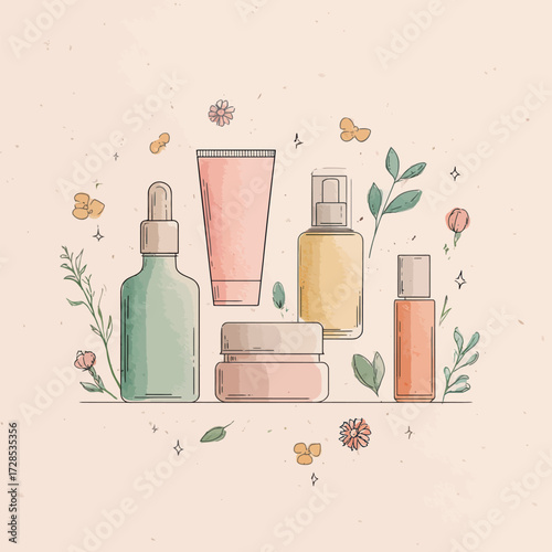 A variety of skincare products are arranged in a neat layout. The bottles and jars feature different colors and shapes, complemented by small plants and flowers.