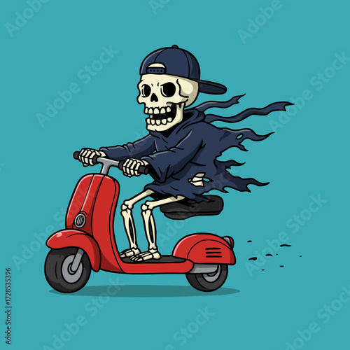 Cartoon Illustration of Skeleton Character Riding Scooter with Cap and Clothes