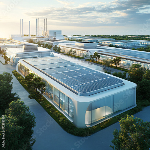 Futuristic eco-friendly industrial park with sleek architecture and rooftop solar panels at sunset
