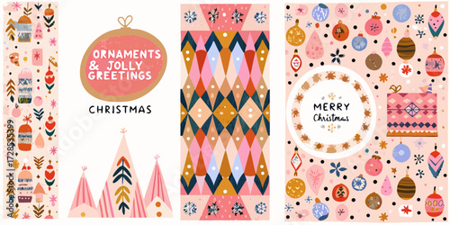 Whimsical christmas card collection with festive ornaments and geometric patterns in a playful color palette
