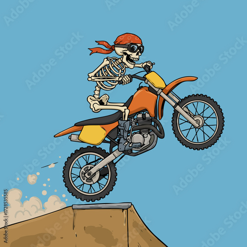 Cartoon Style Illustration of Skeleton Rider on Motocross Bike Doing Stunt