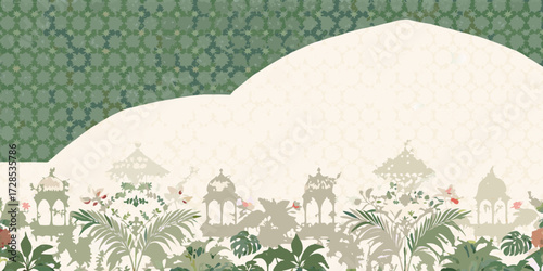 Enchanting garden scene with silhouetted gazebos and lush tropical foliage in muted green and cream tones