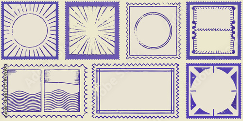 Collection of hand drawn postage stamp frames with perforated edges and blank centers