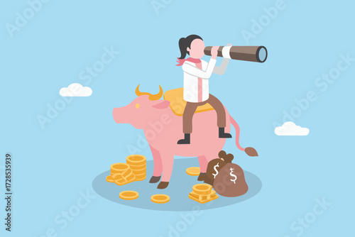Person riding a pink bull with a telescope looking for future financial opportunities surrounded by money
