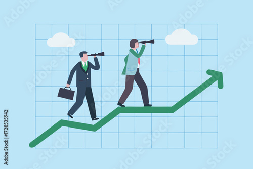 Two businessmen with telescopes walking on an upward trending green arrow graph representing financial growth and future vision
