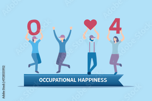 Four diverse people celebrate occupational happiness holding a zero a heart and a four