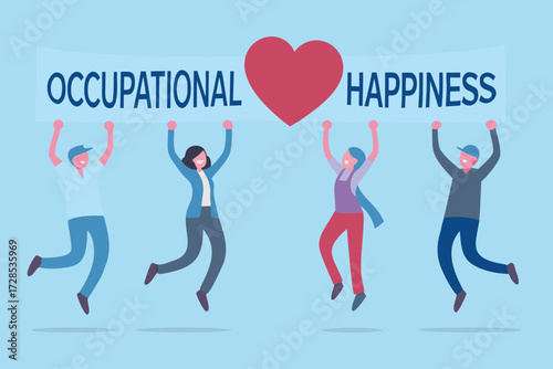 Diverse group of people joyfully jumping and holding a banner promoting occupational happiness and well being