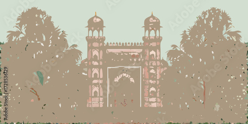 Stylized illustration of a grand indian gateway with minarets and lush foliage in muted tones